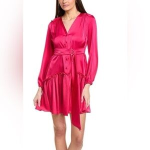 Taylor Bright Rose Asymmetrical Ruffle Hem Fit & Flare Satin Mini Dress R13A